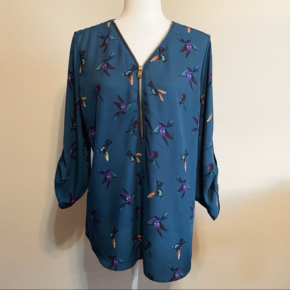 Rue 21 Navy Blue Zip Front Roll Tab Sleeves Bird Print Size XL